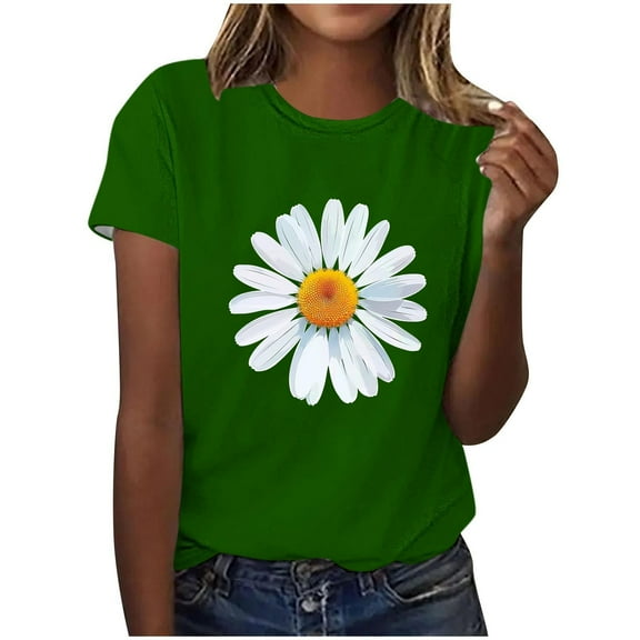 HAPIMO Women' Plus Size Crew Neck Tees Flower Graphic Fashion Clothes Casual Loose Summer Tops for Women Elegant Blouses Bsaic Tees Dressy Tunic Green M
