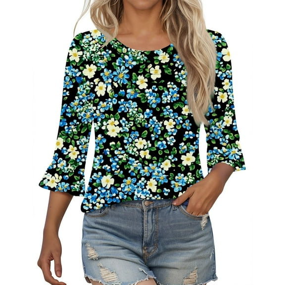 HAPIMO Women' Plus Size Crew Neck Tees Flowy Summer Tops for Women Casual Loose Flower Print Tops Fashion Clothes Elegant Blouses Dressy Tunic Multicolor XXL