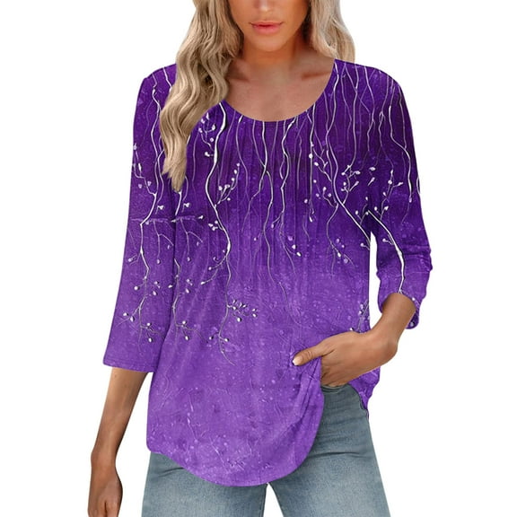 HAPIMO Women' Plus Size Crew Neck Tees Summer Tops for Women Casual Loose Elegant Pleated Blouses Flower Print Tops Fashion Clothes Flowy Dressy Tunic Purple XL