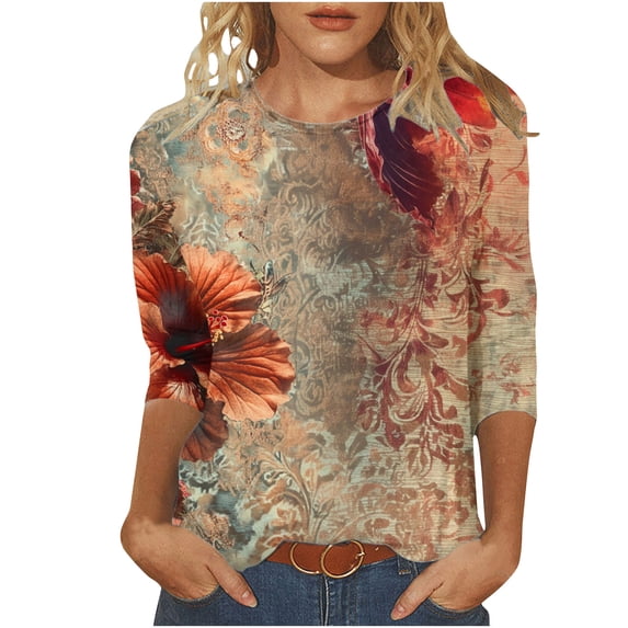 HAPIMO Women' Plus Size Elegant Blouses Crew Neck Tees Summer Tops for Women Flower Print Tops Casual Loose Flowy Fashion Clothes Dressy Tunic Multicolor L