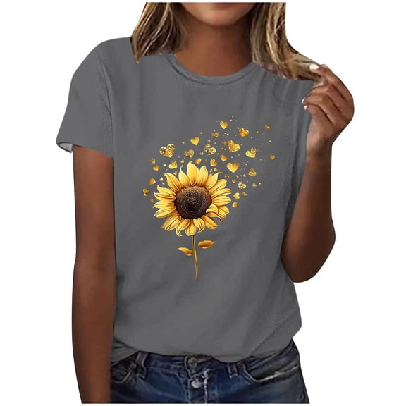 HAPIMO Women' Plus Size Elegant Blouses Round Neck Tees Flower Graphic Fashion Clothes Bsaic Tees Summer Tops for Women Casual Loose Dressy Tunic Gray XL