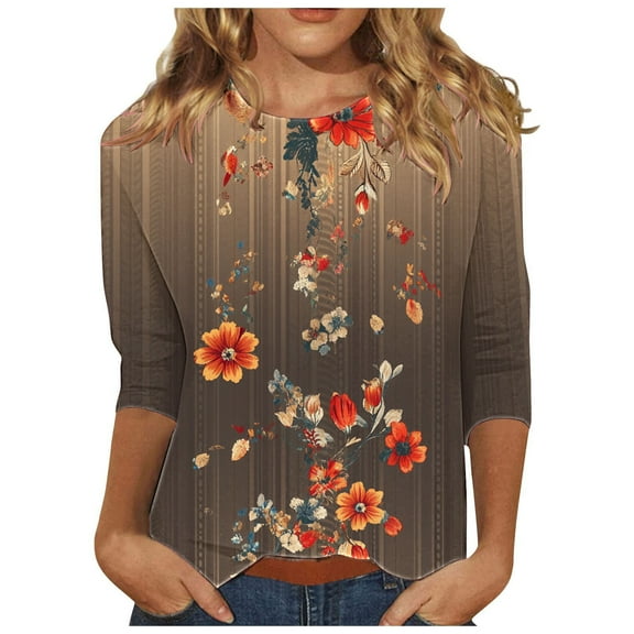 HAPIMO Women' Plus Size Elegant Blouses Round Neck Tees Flowy Flower Print Tops Casual Loose Fashion Clothes Summer Tops for Women Dressy Tunic Red L