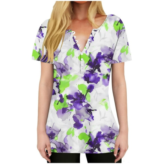 HAPIMO Women' Plus Size Elegant Blouses V-Neck Tees Casual Loose Summer Tops for Women Flowy Fashion Clothes Flower Print Tops Dressy Tunic Purple XXL