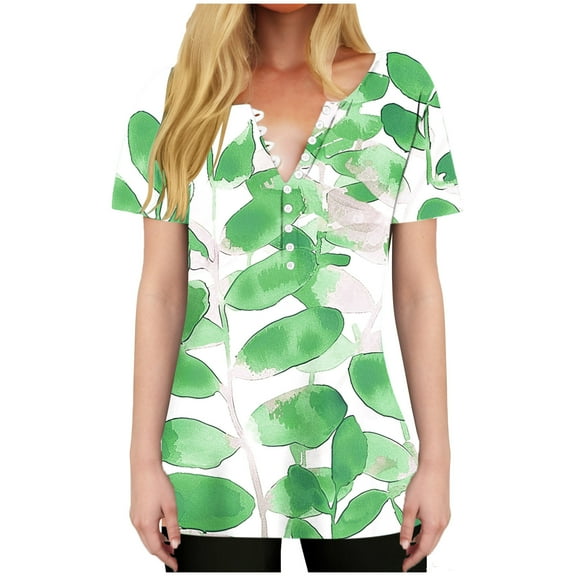 HAPIMO Women' Plus Size Elegant Blouses V-Neck Tees Fashion Clothes Casual Loose Flower Print Tops Summer Tops for Women Flowy Dressy Tunic Green XL