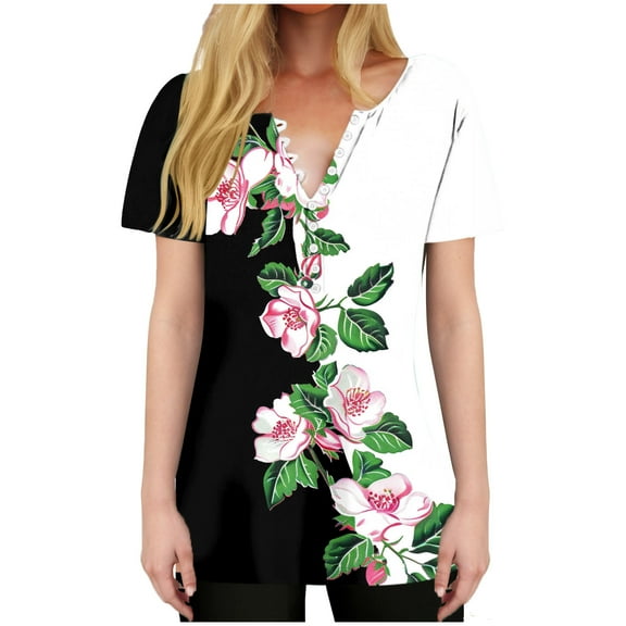 HAPIMO Women' Plus Size Elegant Blouses V-Neck Tees Flower Print Tops Fashion Clothes Flowy Summer Tops for Women Casual Loose Dressy Tunic Multicolor S