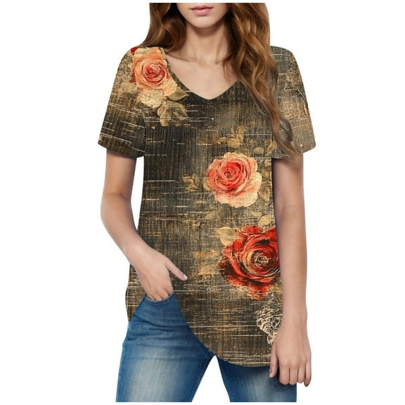 HAPIMO Women' Plus Size Elegant Blouses V-Neck Tees Flower Print Tops Flowy Summer Tops for Women Fashion Clothes Casual Loose Dressy Tunic Multicolor S