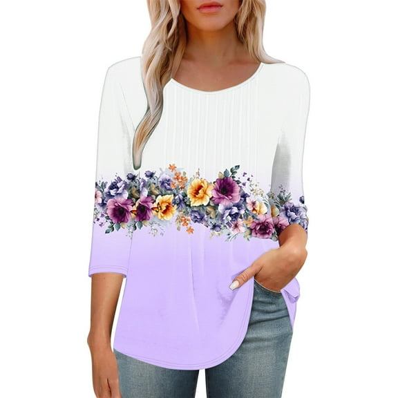 HAPIMO Women' Plus Size Elegant Pleated Blouses Crew Neck Tees Flowy Casual Loose Summer Tops for Women Fashion Clothes Flower Print Tops Dressy Tunic Multicolor XL