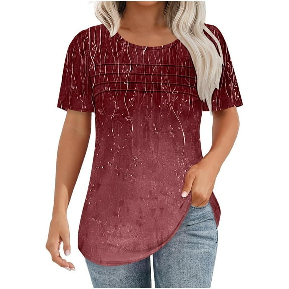 HAPIMO Women' Plus Size Elegant Pleated Blouses Round Neck Tees Fashion Clothes Floral Print Tops Casual Loose Flowy Summer Tops for Women Dressy Tunic Wine XXL