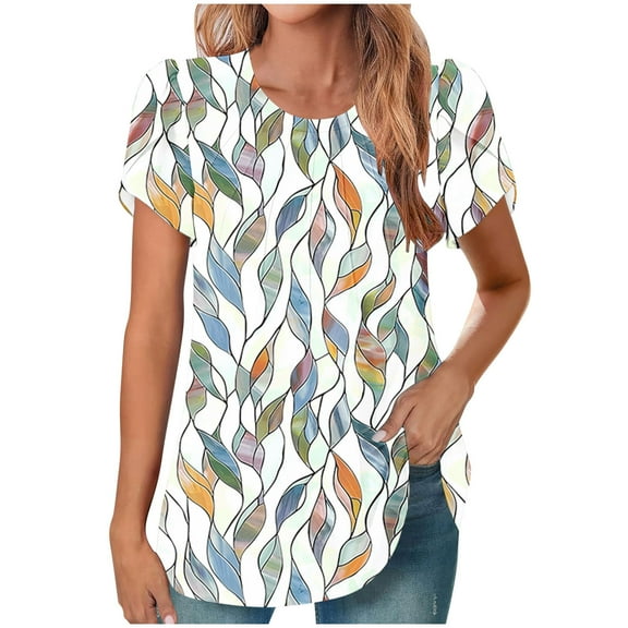 HAPIMO Women' Plus Size Elegant Pleated Blouses Round Neck Tees Flowy Fashion Clothes Summer Tops for Women Casual Loose Flower Print Tops Dressy Tunic Multicolor XL
