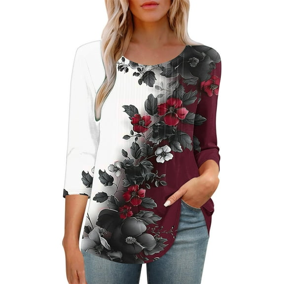 HAPIMO Women' Plus Size Elegant Pleated Blouses Round Neck Tees Summer Tops for Women Fashion Clothes Flower Print Tops Flowy Casual Loose Dressy Tunic Multicolor M