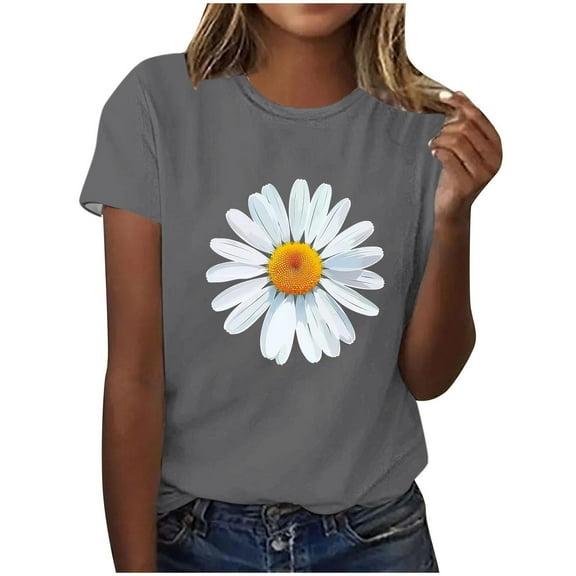 HAPIMO Women' Plus Size Fashion Clothes Flower Graphic Crew Neck Tees Elegant Blouses Casual Loose Bsaic Tees Summer Tops for Women Dressy Tunic Gray XXL