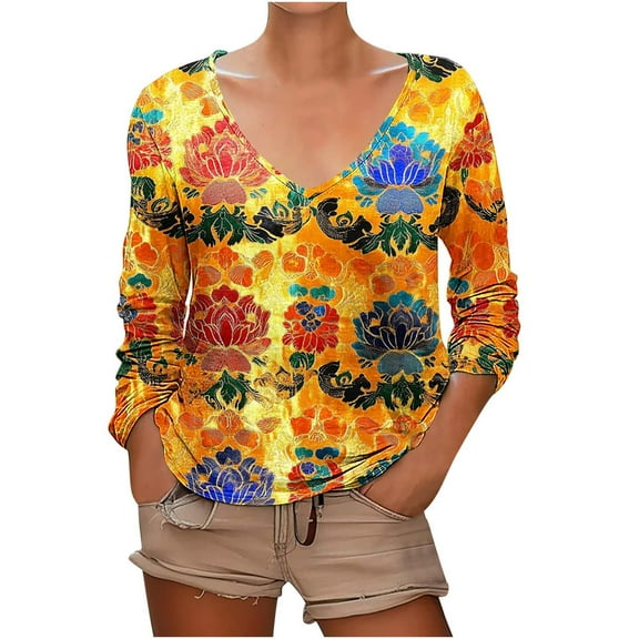 HAPIMO Women' Plus Size Fashion Clothes Flower Print Tops Elegant Blouses Scoop Neck Tees Summer Tops for Women Flowy Casual Loose Dressy Tunic Multicolor XL