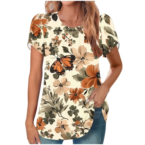 HAPIMO Women' Plus Size Fashion Clothes Flower Print Tops Flowy Elegant Pleated Blouses Casual Loose Round Neck Tees Summer Tops for Women Dressy Tunic Multicolor XL
