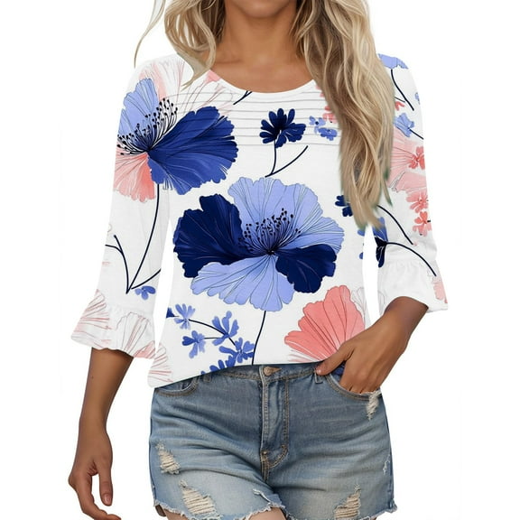 HAPIMO Women' Plus Size Fashion Clothes Flower Print Tops Flowy Round Neck Tees Casual Loose Elegant Blouses Summer Tops for Women Dressy Tunic Multicolor XXL