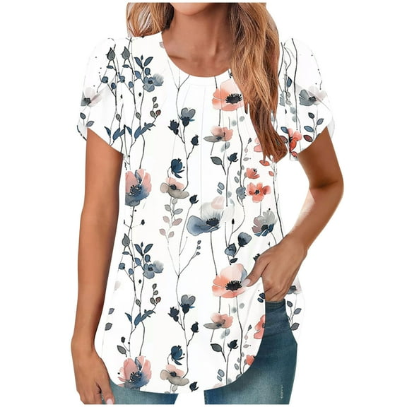 HAPIMO Women' Plus Size Fashion Clothes Flower Print Tops Summer Tops for Women Casual Loose Crew Neck Tees Flowy Elegant Pleated Blouses Dressy Tunic Multicolor XL