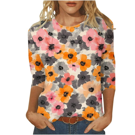 HAPIMO Women' Plus Size Fashion Clothes Flower Print Tops Summer Tops for Women Elegant Blouses Casual Loose Crew Neck Tees Flowy Dressy Tunic Multicolor M