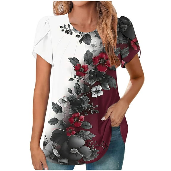 HAPIMO Women' Plus Size Fashion Clothes Flower Print Tops Summer Tops for Women Flowy Elegant Pleated Blouses Casual Loose Crew Neck Tees Dressy Tunic Multicolor XXL
