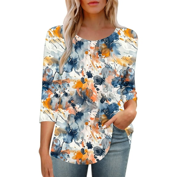 HAPIMO Women' Plus Size Fashion Clothes Flower Print Tops Summer Tops for Women Flowy Round Neck Tees Elegant Pleated Blouses Casual Loose Dressy Tunic Multicolor XXL