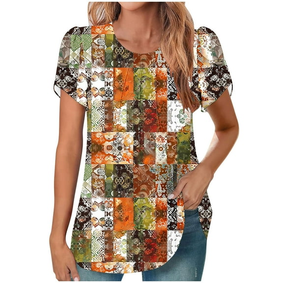 HAPIMO Women' Plus Size Fashion Clothes Flower Print Tops Summer Tops for Women Round Neck Tees Casual Loose Flowy Elegant Pleated Blouses Dressy Tunic Multicolor XXL