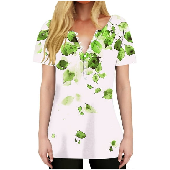 HAPIMO Women' Plus Size Fashion Clothes Flower Print Tops V-Neck Tees Casual Loose Elegant Blouses Summer Tops for Women Flowy Dressy Tunic Green S