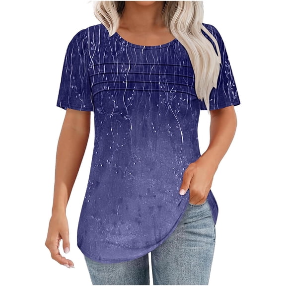 HAPIMO Women' Plus Size Floral Print Tops Round Neck Tees Elegant Pleated Blouses Flowy Fashion Clothes Casual Loose Summer Tops for Women Dressy Tunic Purple M