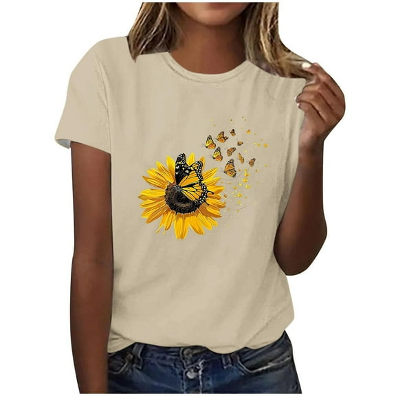 HAPIMO Women' Plus Size Flower Graphic Bsaic Tees Fashion Clothes Crew Neck Tees Summer Tops for Women Elegant Blouses Casual Loose Dressy Tunic Beige L