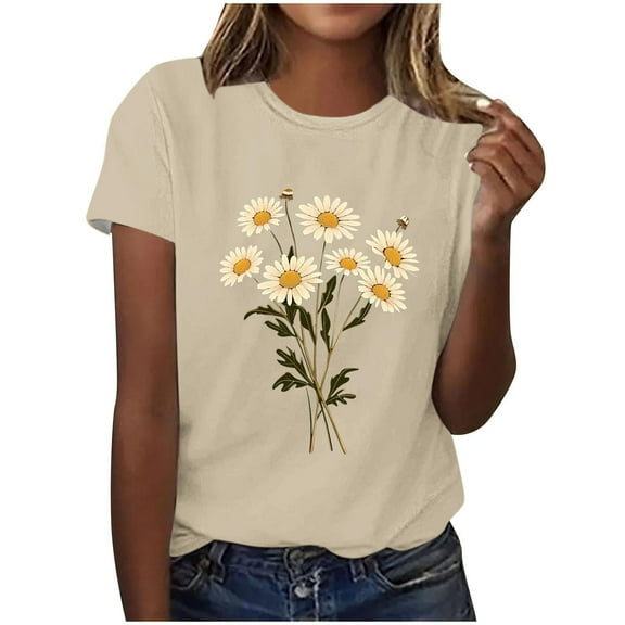 HAPIMO Women' Plus Size Flower Graphic Bsaic Tees Summer Tops for Women Fashion Clothes Elegant Blouses Round Neck Tees Casual Loose Dressy Tunic Beige XXXL