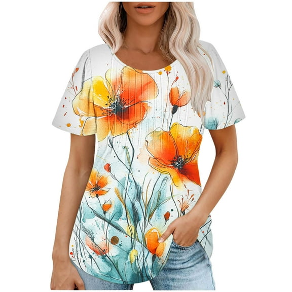 HAPIMO Women' Plus Size Flower Print Tops Elegant Pleated Blouses Round Neck Tees Summer Tops for Women Fashion Clothes Casual Loose Flowy Dressy Tunic Yellow M