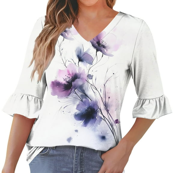 HAPIMO Women' Plus Size Flower Print Tops Flowy Casual Loose Summer Tops for Women Fashion Clothes Elegant Blouses Round Neck Tees Dressy Tunic Multicolor XL