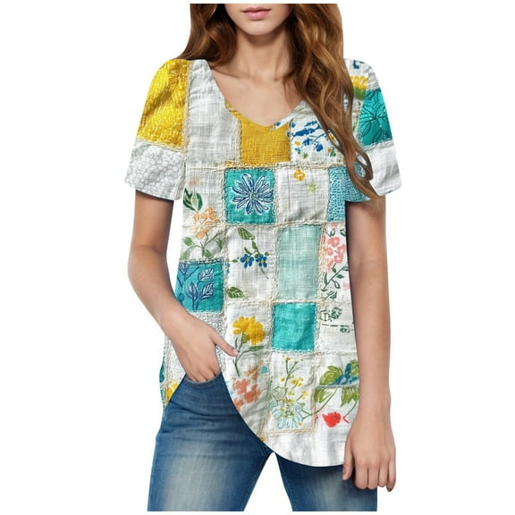 HAPIMO Women' Plus Size Flower Print Tops Flowy V-Neck Tees Fashion Clothes Elegant Blouses Summer Tops for Women Casual Loose Dressy Tunic Multicolor S