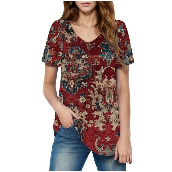 HAPIMO Women' Plus Size Flower Print Tops Flowy V-Neck Tees Fashion Clothes Summer Tops for Women Elegant Blouses Casual Loose Dressy Tunic Multicolor XL