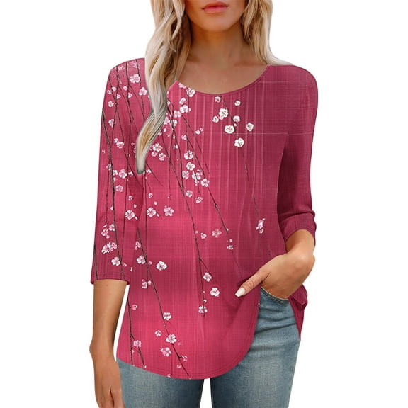HAPIMO Women' Plus Size Flower Print Tops Summer Tops for Women Fashion Clothes Elegant Pleated Blouses Casual Loose Flowy Round Neck Tees Dressy Tunic Multicolor M