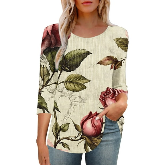 HAPIMO Women' Plus Size Flower Print Tops Summer Tops for Women Fashion Clothes Flowy Casual Loose Round Neck Tees Elegant Pleated Blouses Dressy Tunic Multicolor S