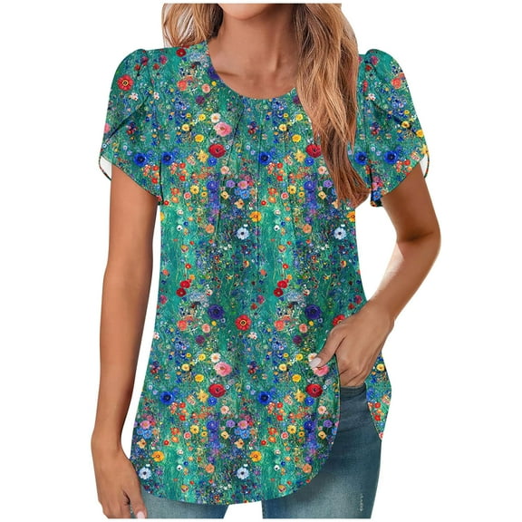 HAPIMO Women' Plus Size Flower Print Tops Summer Tops for Women Flowy Crew Neck Tees Casual Loose Elegant Pleated Blouses Fashion Clothes Dressy Tunic Multicolor L