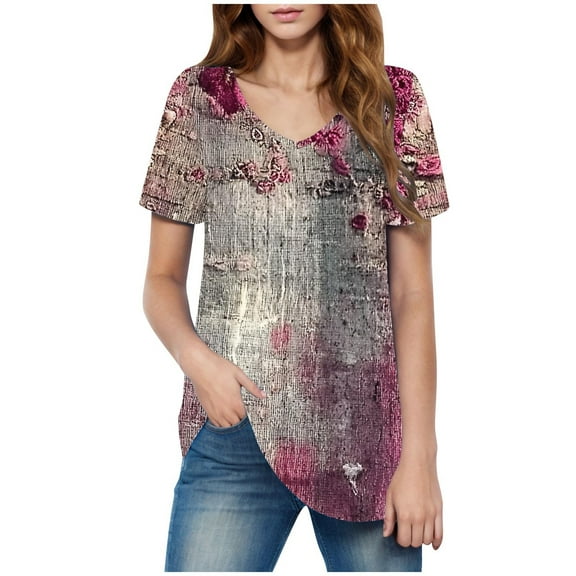 HAPIMO Women' Plus Size Flower Print Tops V-Neck Tees Casual Loose Fashion Clothes Elegant Blouses Summer Tops for Women Flowy Dressy Tunic Multicolor S