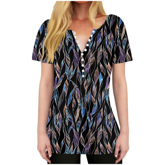 HAPIMO Women' Plus Size Flower Print Tops V-Neck Tees Fashion Clothes Flowy Casual Loose Summer Tops for Women Elegant Blouses Dressy Tunic Black XL