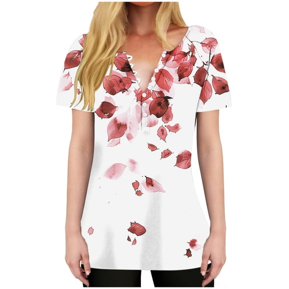 HAPIMO Women' Plus Size Flower Print Tops V-Neck Tees Fashion Clothes Flowy Summer Tops for Women Casual Loose Elegant Blouses Dressy Tunic Red XXXL