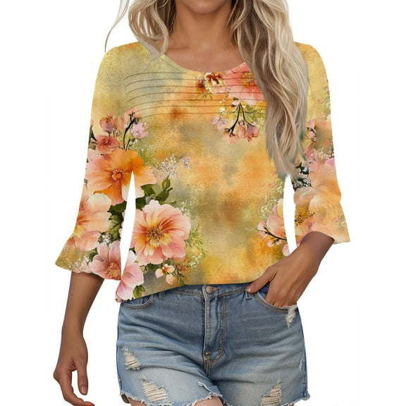 HAPIMO Women' Plus Size Flowy Crew Neck Tees Flower Print Tops Casual Loose Fashion Clothes Elegant Blouses Summer Tops for Women Dressy Tunic Multicolor M