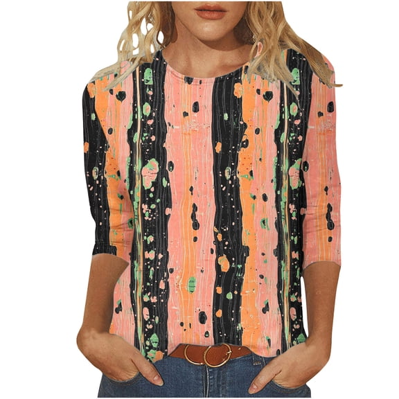 HAPIMO Women' Plus Size Flowy Round Neck Tees Elegant Blouses Casual Loose Flower Print Tops Summer Tops for Women Fashion Clothes Dressy Tunic Multicolor S