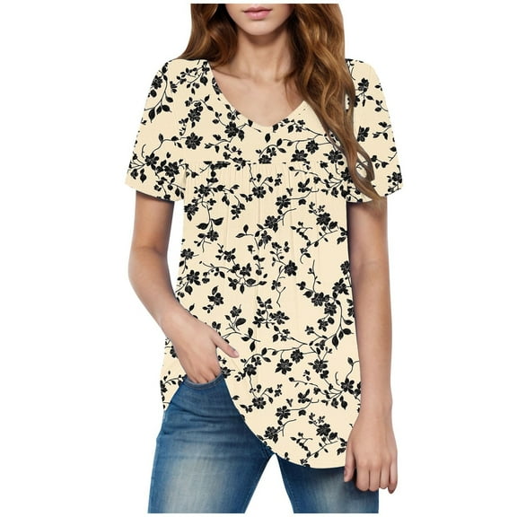 HAPIMO Women' Plus Size Flowy V-Neck Tees Casual Loose Fashion Clothes Summer Tops for Women Flower Print Tops Elegant Blouses Dressy Tunic Multicolor M