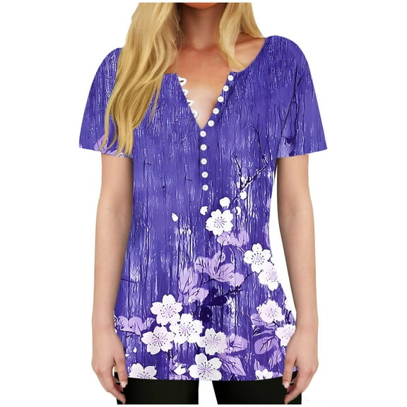 HAPIMO Women' Plus Size Flowy V-Neck Tees Casual Loose Flower Print Tops Fashion Clothes Summer Tops for Women Elegant Blouses Dressy Tunic Purple L