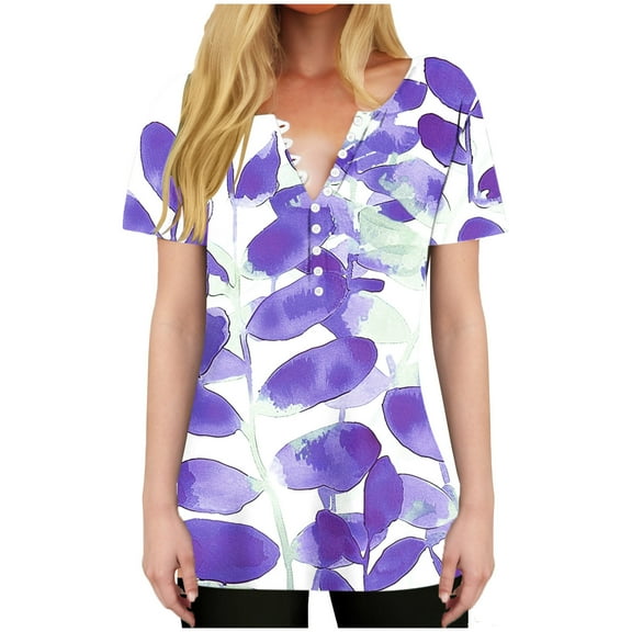 HAPIMO Women' Plus Size Flowy V-Neck Tees Elegant Blouses Casual Loose Summer Tops for Women Fashion Clothes Flower Print Tops Dressy Tunic Purple XL
