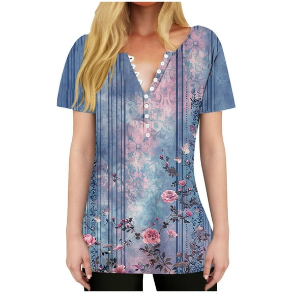 HAPIMO Women' Plus Size Flowy V-Neck Tees Fashion Clothes Flower Print Tops Elegant Blouses Casual Loose Summer Tops for Women Dressy Tunic Blue XL