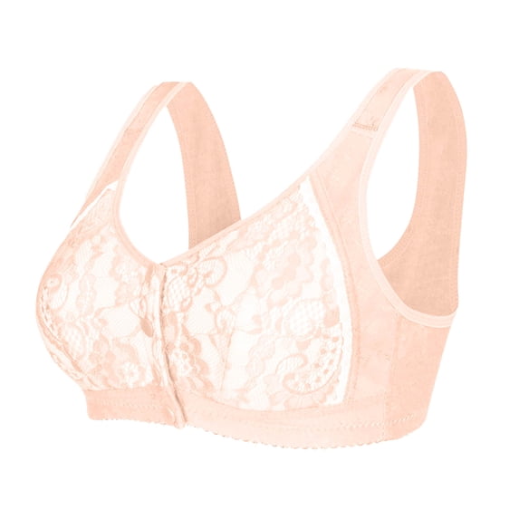 HAPIMO Women Plus Size Front Closure Bra Wide Straps V Neckline Lace Overlay Full Coverage Support For Comfortable Wear Beige 46
