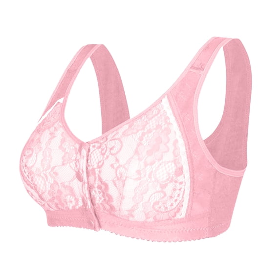 HAPIMO Women Plus Size Front Closure Bra Wide Straps V Neckline Lace Overlay Full Coverage Support For Comfortable Wear Pink 40