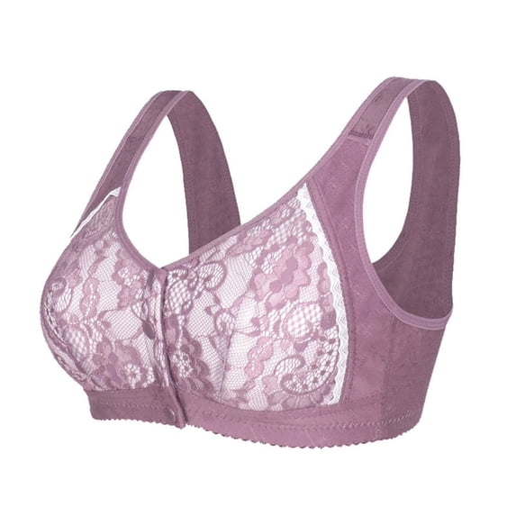 HAPIMO Women Plus Size Front Closure Bra Wide Straps V Neckline Lace Overlay Full Coverage Support For Comfortable Wear Purple 44