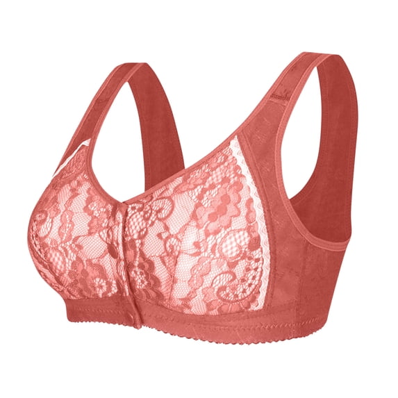 HAPIMO Women Plus Size Front Closure Bra Wide Straps V Neckline Lace Overlay Full Coverage Support For Comfortable Wear Red 40