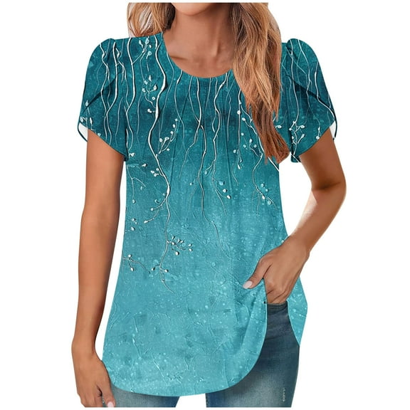 HAPIMO Women' Plus Size Round Neck Tees Summer Tops for Women Casual Loose Elegant Pleated Blouses Flowy Flower Print Tops Fashion Clothes Dressy Tunic Blue XXL