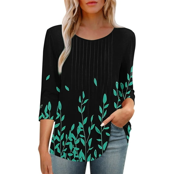 HAPIMO Women' Plus Size Round Neck Tees Summer Tops for Women Elegant Pleated Blouses Flower Print Tops Casual Loose Fashion Clothes Flowy Dressy Tunic Multicolor L