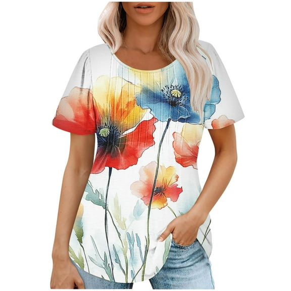 HAPIMO Women' Plus Size Round Neck Tees Summer Tops for Women Fashion Clothes Flowy Casual Loose Elegant Pleated Blouses Flower Print Tops Dressy Tunic Red L